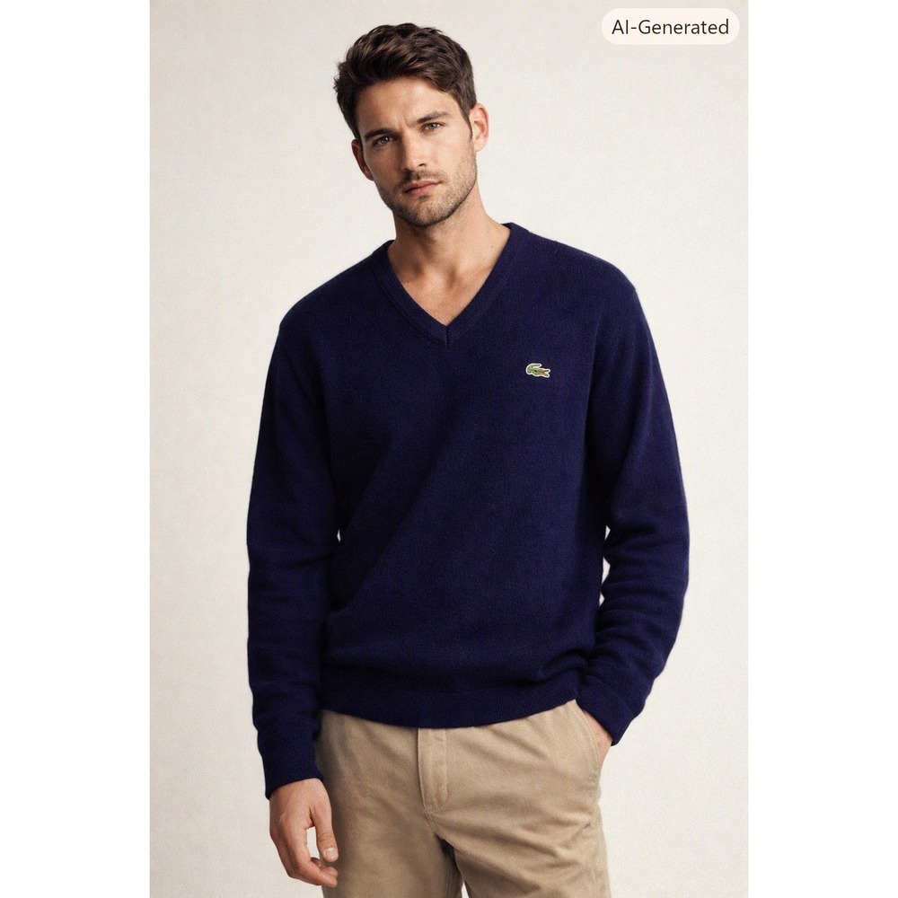 Vintage Izod Lacoste Mens Large Navy Blue V-Neck Orlon Acrylic Sweater USA Made